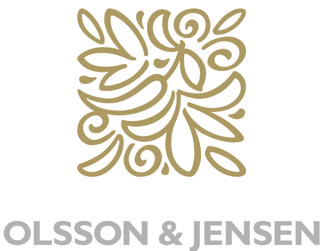 olsson & jensen logo which includes outlines of leaves in gold and their name in grey