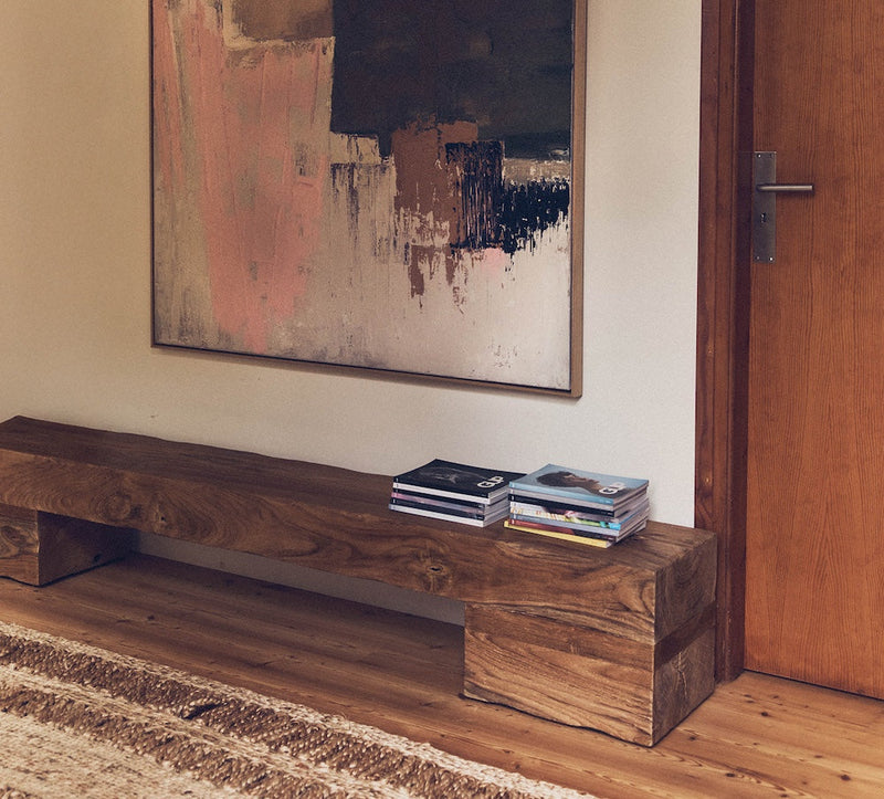 HKLIVING wooden bench with contemporary abstract painting in a modern hallway, part of North Home’s large furniture pre-order collection 2025.