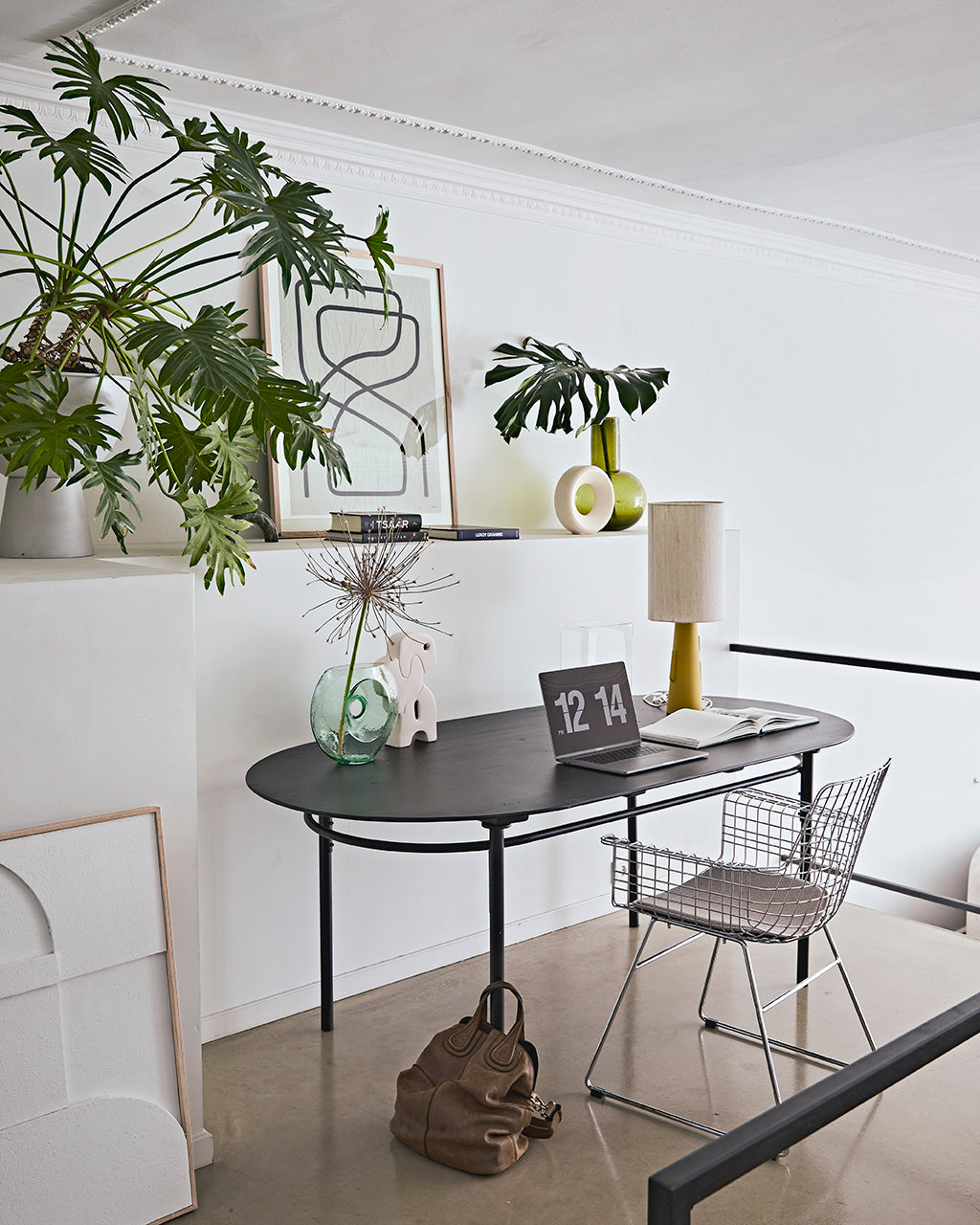 a selection of furniture and objects that make home office work more palatable including a large plant on the shelf, a pretty lamp and round glass object on a black oval table with a wire chair that has a thick cushion
