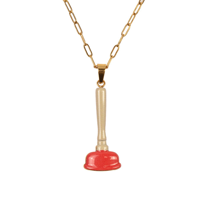 gold necklace with red plunger pendant, by Seletti Toiletpaper
