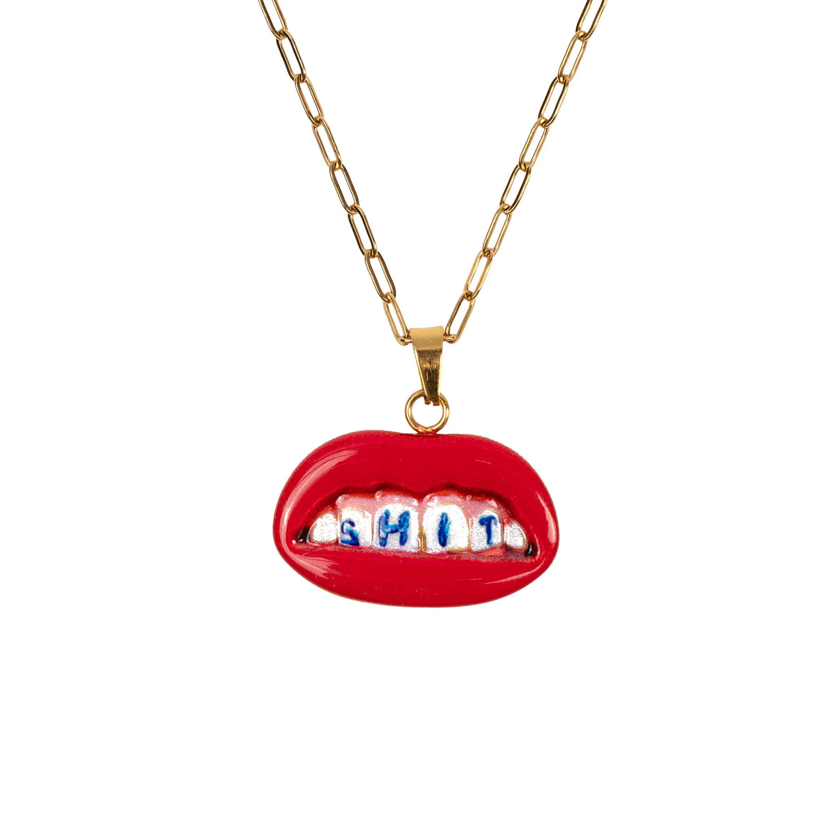 gold necklace with red lips SHIT pendant, by Seletti Toiletpaper

