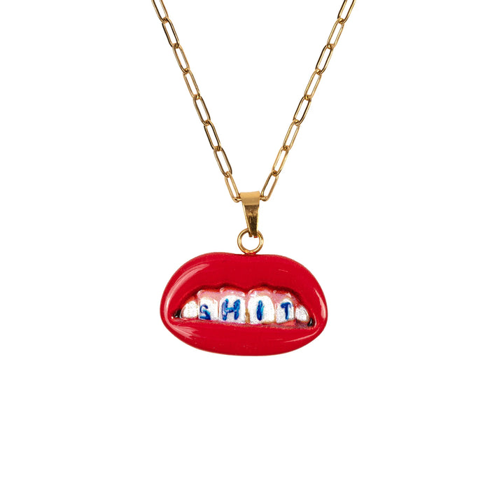 gold necklace with red lips SHIT pendant, by Seletti Toiletpaper
