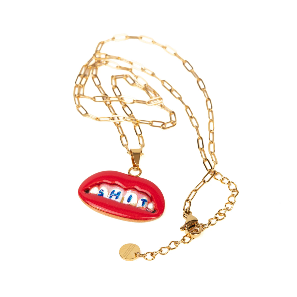 Seletti Toiletpaper SHIT necklace with gold chain and lips pendant, 25mm
