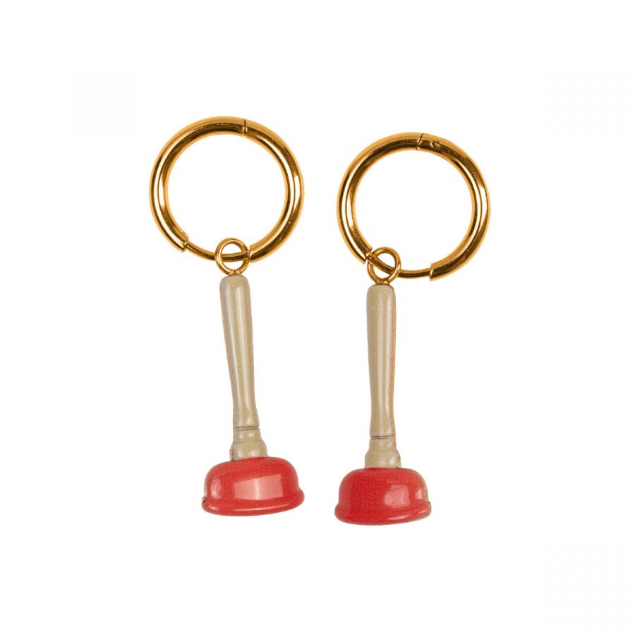 gold hoop earrings with plunger charms, one solid and one outline, by Seletti Toiletpaper

