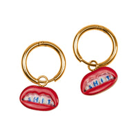 gold hoop earrings with red lips charms spelling SHIT, by Seletti Toiletpaper
