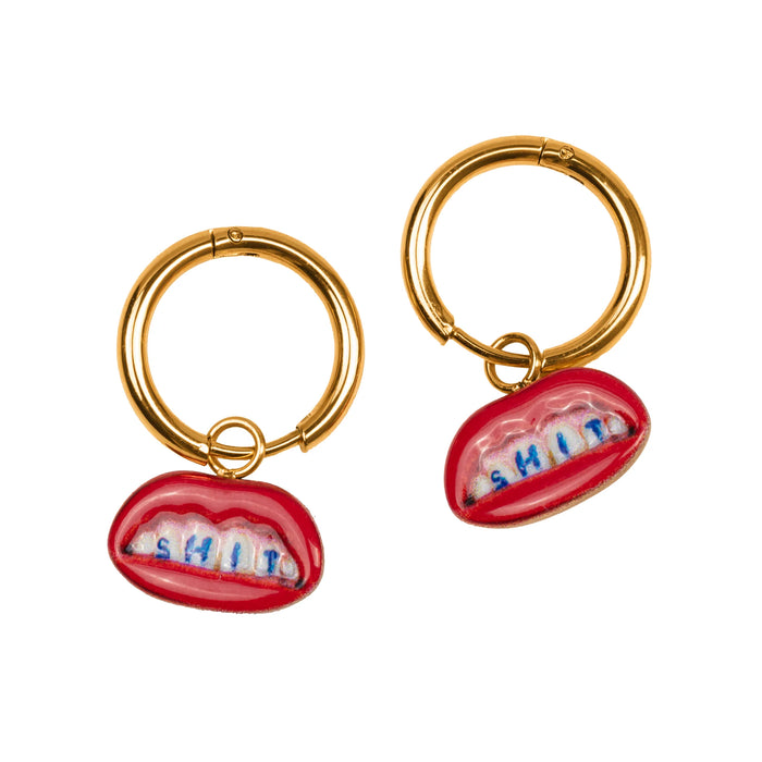 gold hoop earrings with red lips charms spelling SHIT, by Seletti Toiletpaper
