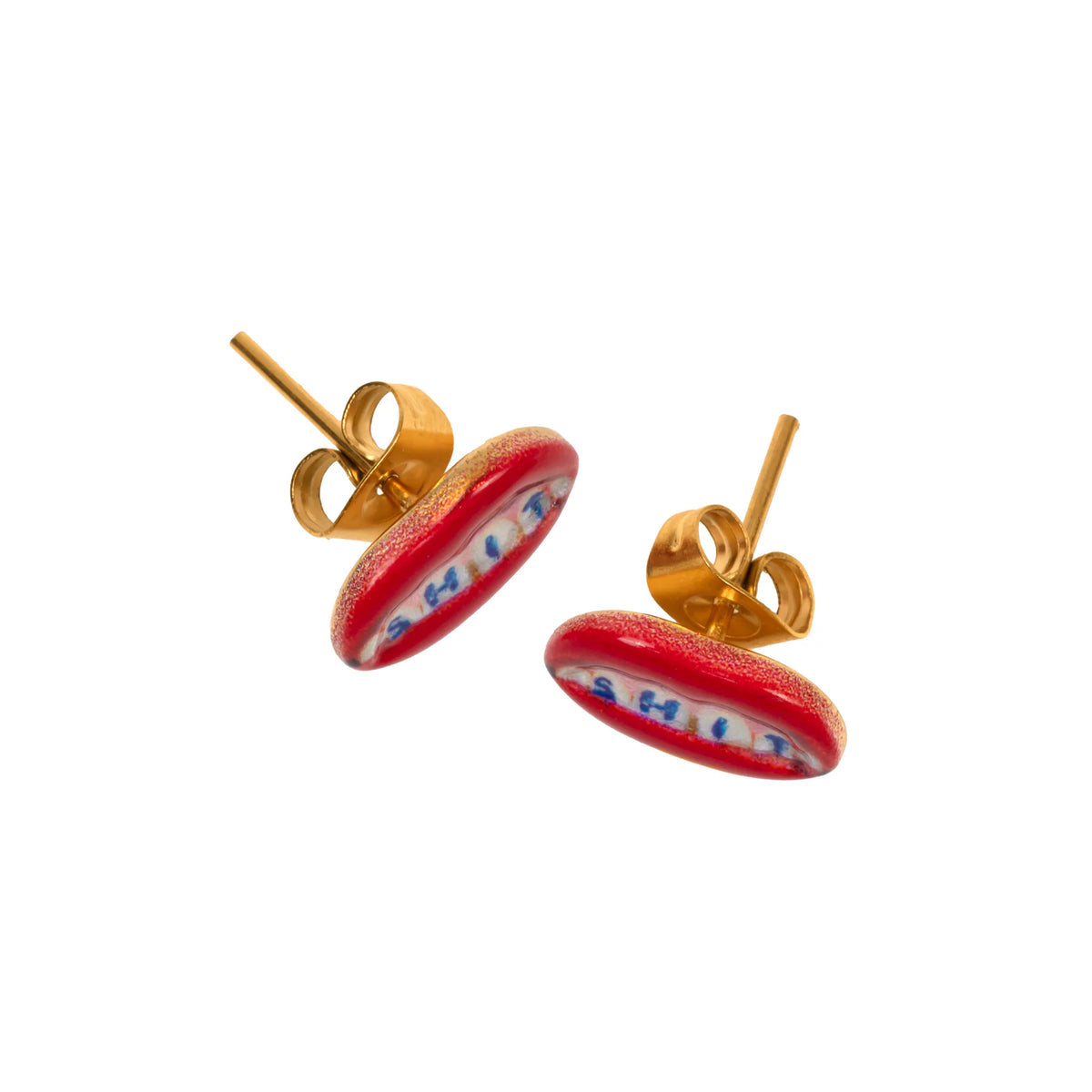 Seletti Toiletpaper SHIT stud earrings, side angle showing lips and blue lettering
