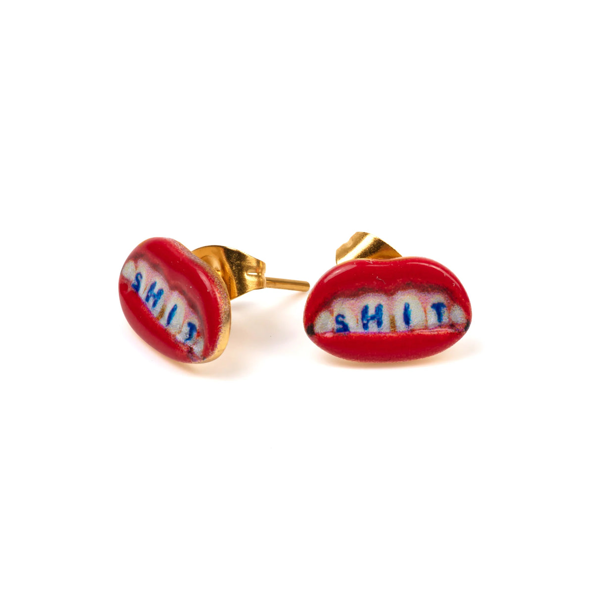 gold stud earrings with red lips charms spelling SHIT, by Seletti Toiletpaper
