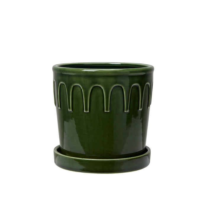 Small ceramic planters with saucers in Nordic green tones