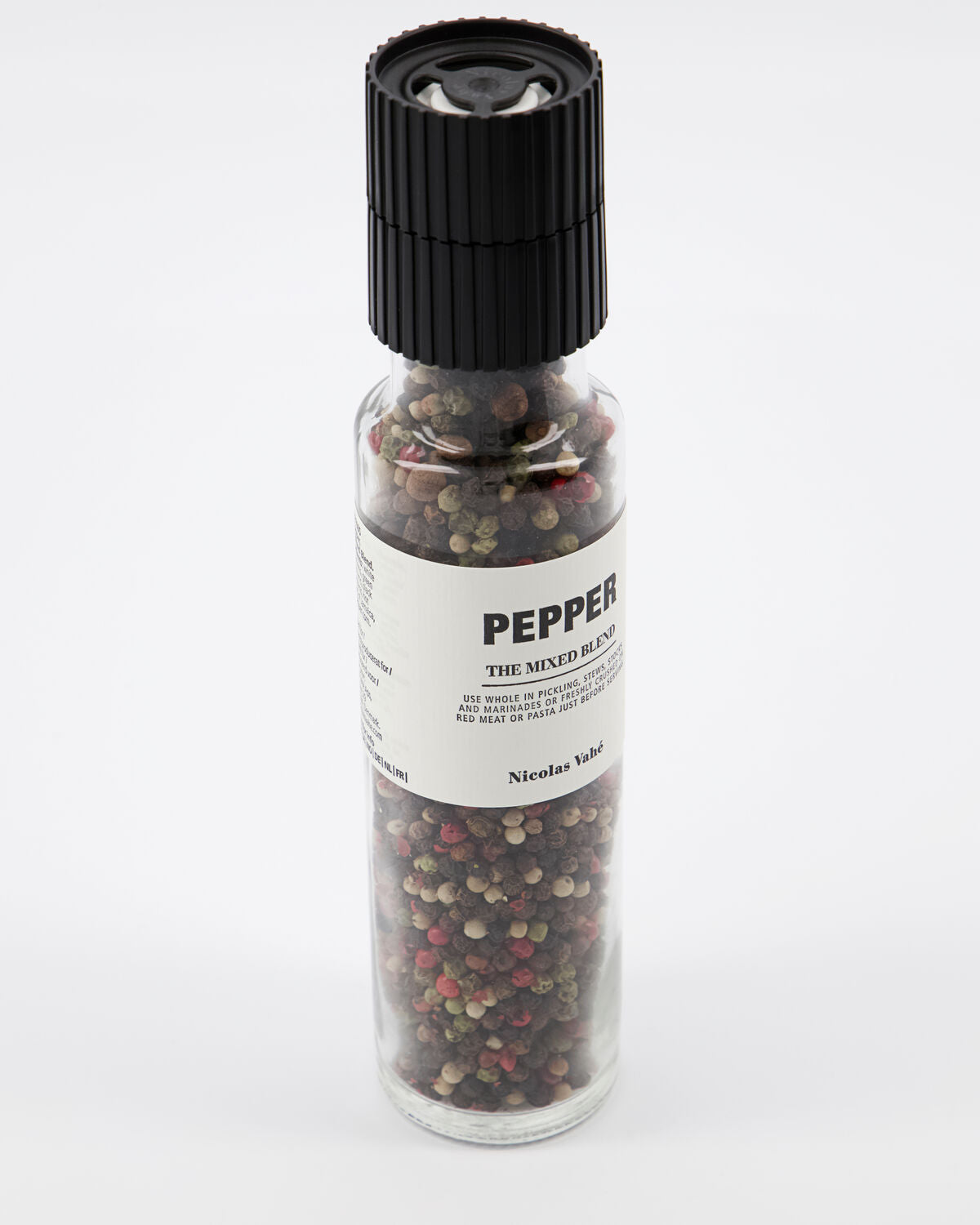 Nicolas Vahé Mixed Blend pepper mill angled view showing colourful peppercorns through glass