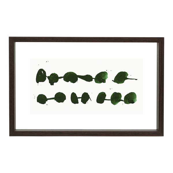 large walnut floating photo frame with green abstract artwork inside