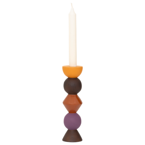 Leken totem-style candle holder in orange, red, purple and walnut displayed in modern interior