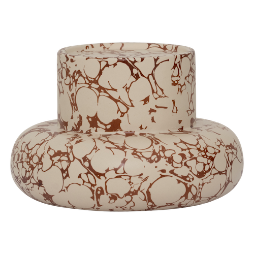 side view of Mukava candle holder showing bulbous ceramic form and marbled finish