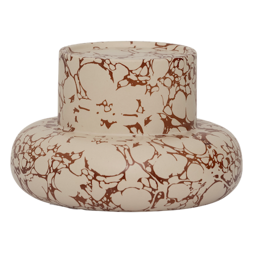 front view of Mukava recycled ceramic candle holder with brown marble-like pattern
