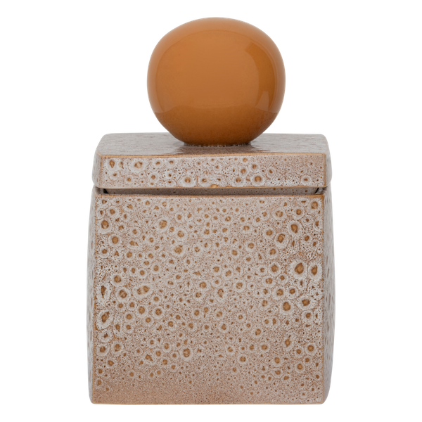 textured natural ceramic storage jar with sculptural orange handle closed