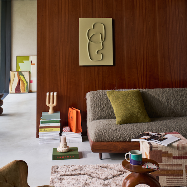 green sculptural mycelium wall art blythe styled in modern living room by Urban Nature Culture