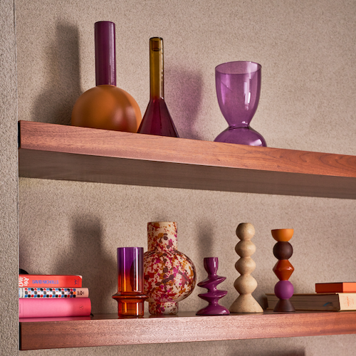 lifestyle styling of urban nature culture imogen vase on shelf with colourful decor
