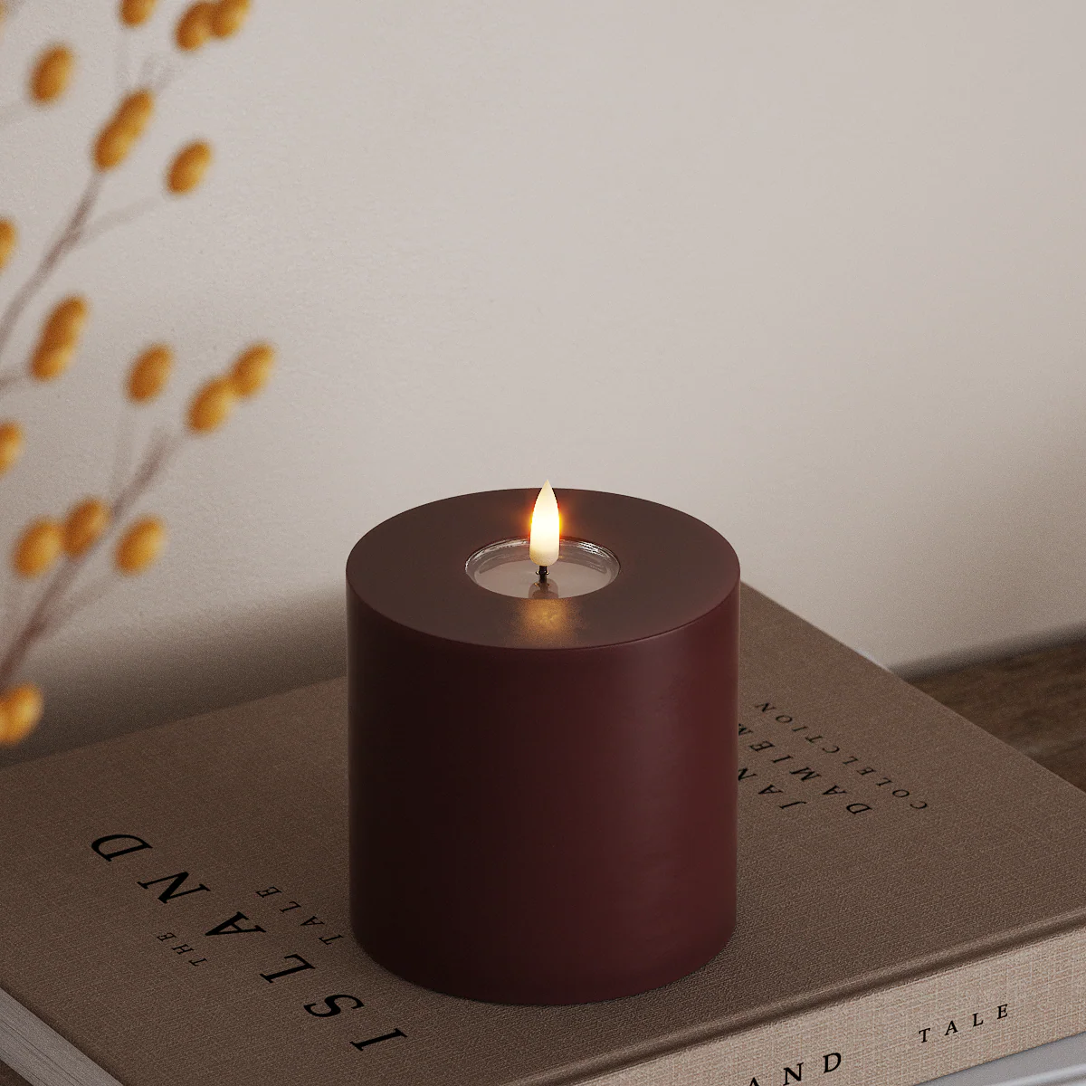 Burgundy LED Pillar Candle with Realistic Flame — Various Sizes, Perfect for Cosy, Warm Interiors