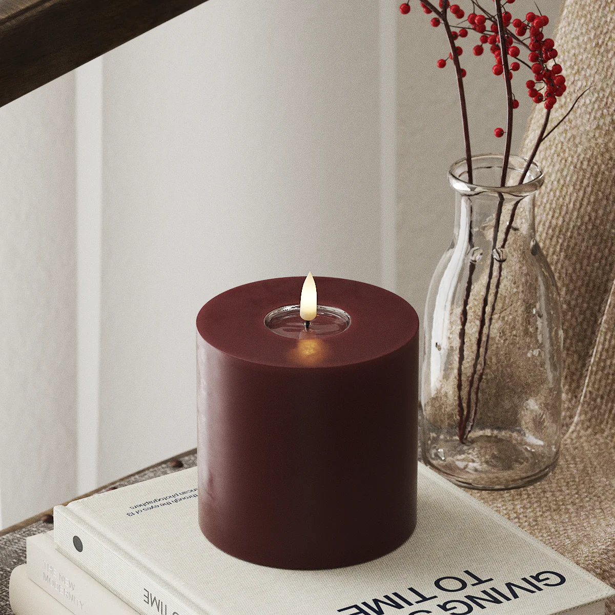 Burgundy LED Pillar Candle with Realistic Flame — Various Sizes, Perfect for Cosy, Warm Interiors