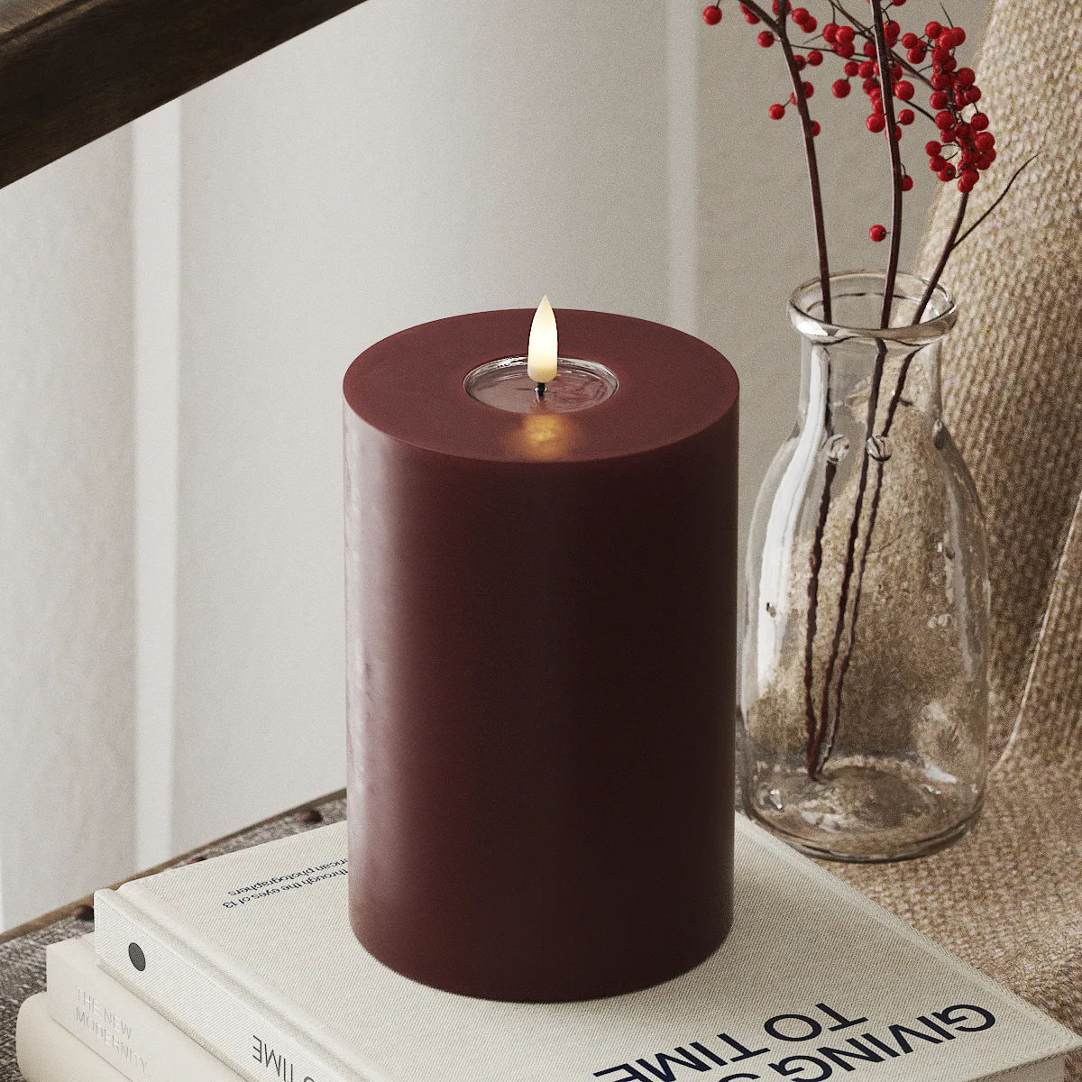 Burgundy LED Pillar Candle with Realistic Flame — Various Sizes, Perfect for Cosy, Warm Interiors