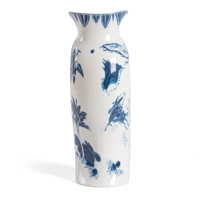 Seletti Diesel Living KING WEN vase with wavy silhouette and classic blue pattern
