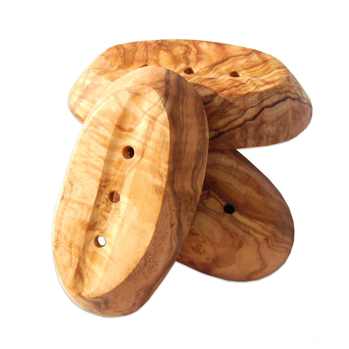 Three wooden soap dishes with a natural finish on a white background