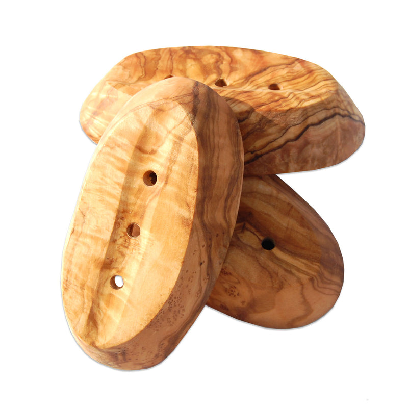 Three wooden soap dishes with a natural finish on a white background