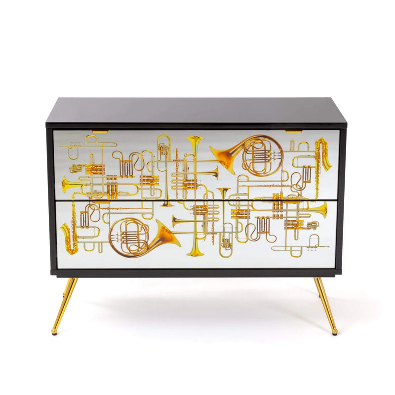 Artistic two-drawer chest with surreal trumpet imagery by Seletti