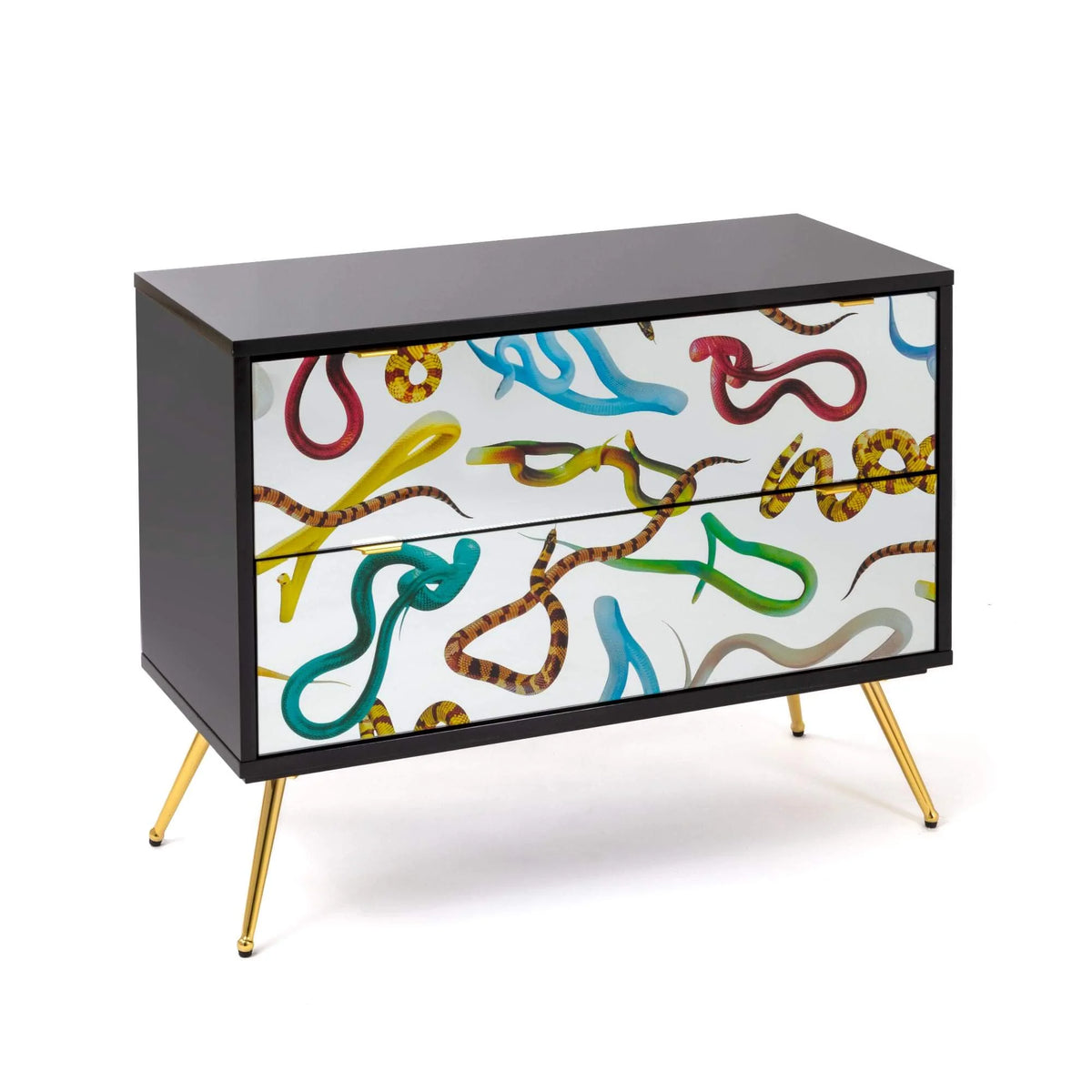 Statement two-drawer chest with surreal snake imagery by Toiletpaper