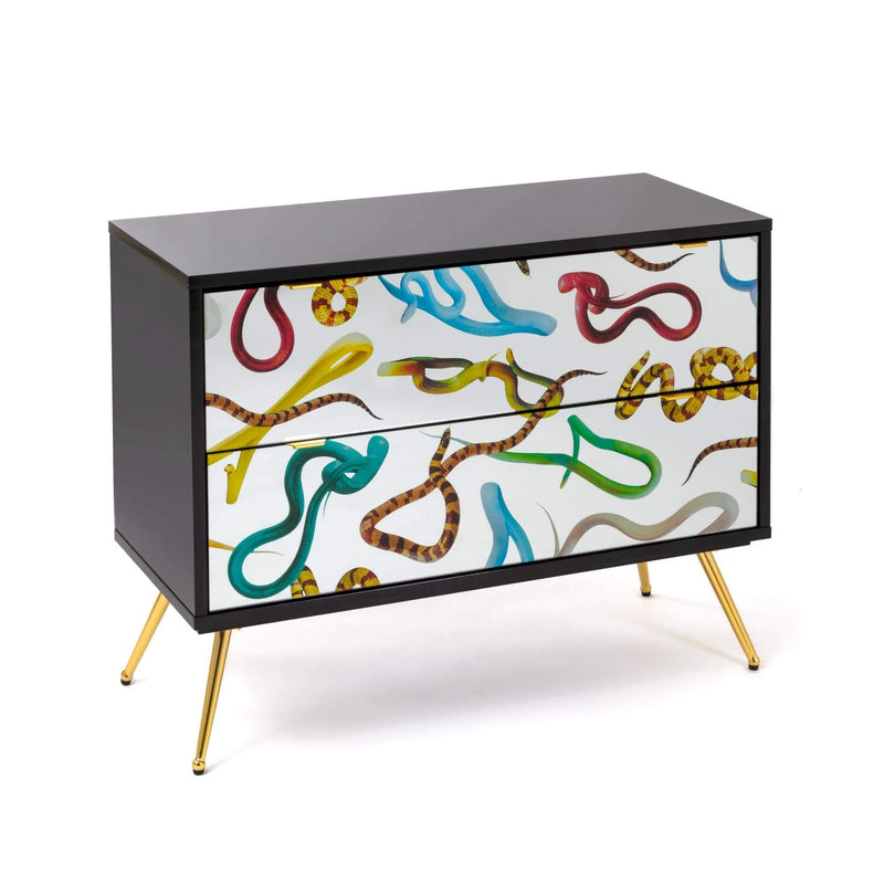 Statement two-drawer chest with surreal snake imagery by Toiletpaper