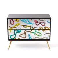 Statement two-drawer chest with surreal snake imagery by Toiletpaper