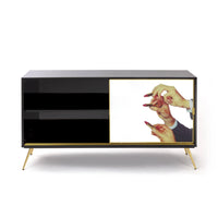 Lipstick motif designer cabinet with gold legs for creative homes
