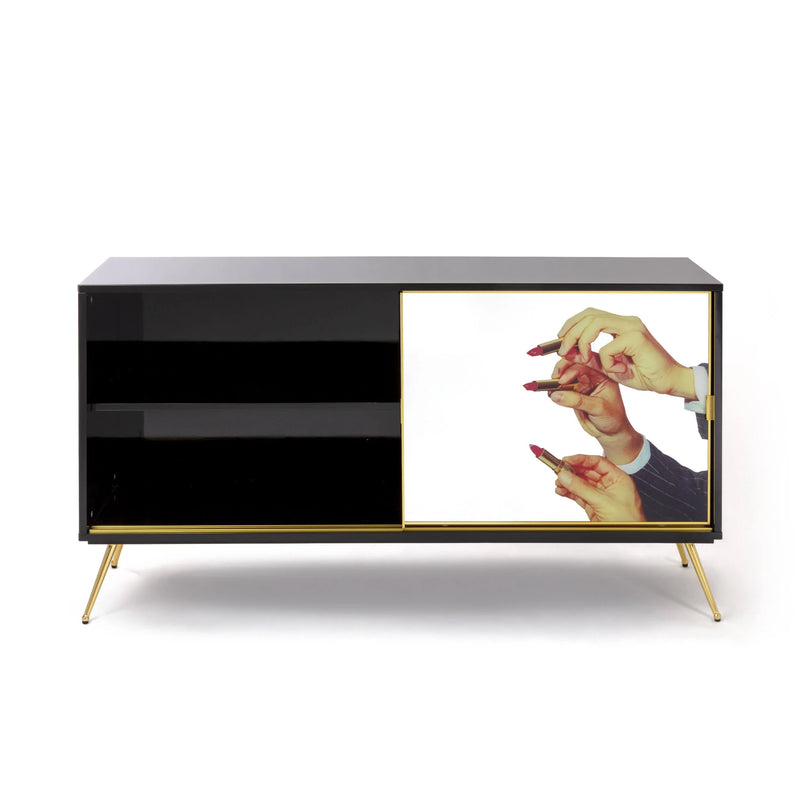 Lipstick motif designer cabinet with gold legs for creative homes
