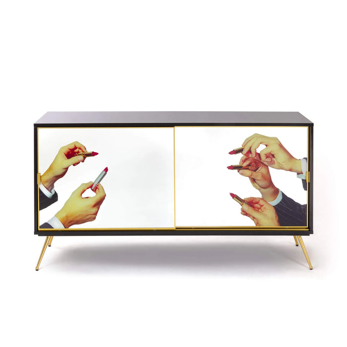 Seletti sliding door cabinet with lipstick surreal art for bold interiors