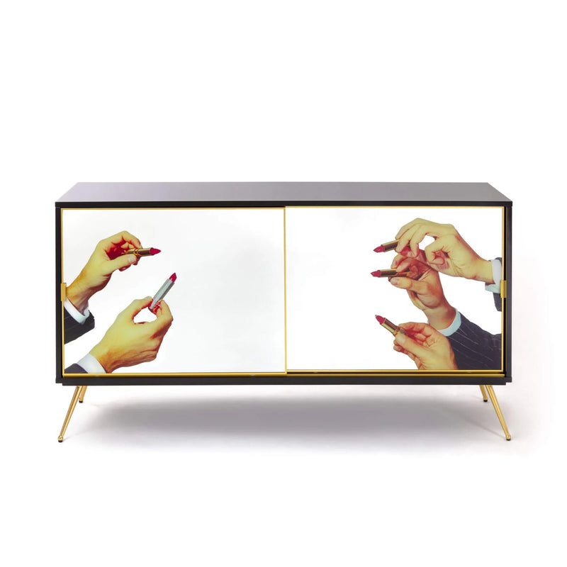 Seletti sliding door cabinet with lipstick surreal art for bold interiors