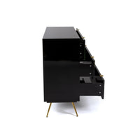 side view of 3 drawer chest of drawers with drawers slightly open