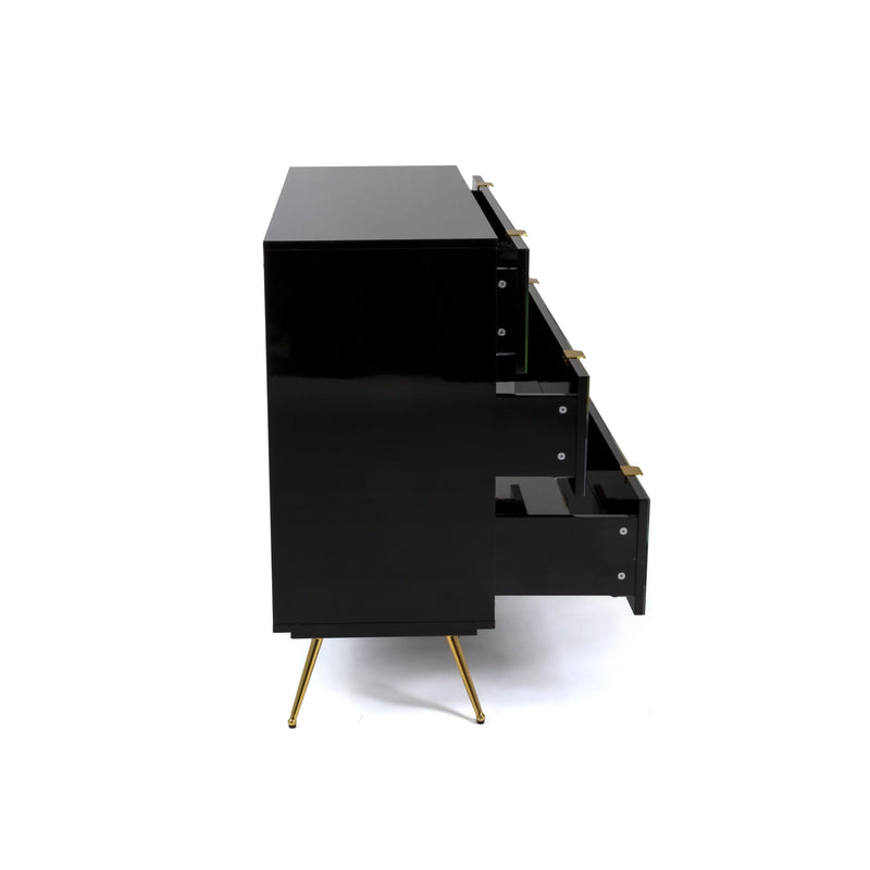 side view of 3 drawer chest of drawers with drawers slightly open