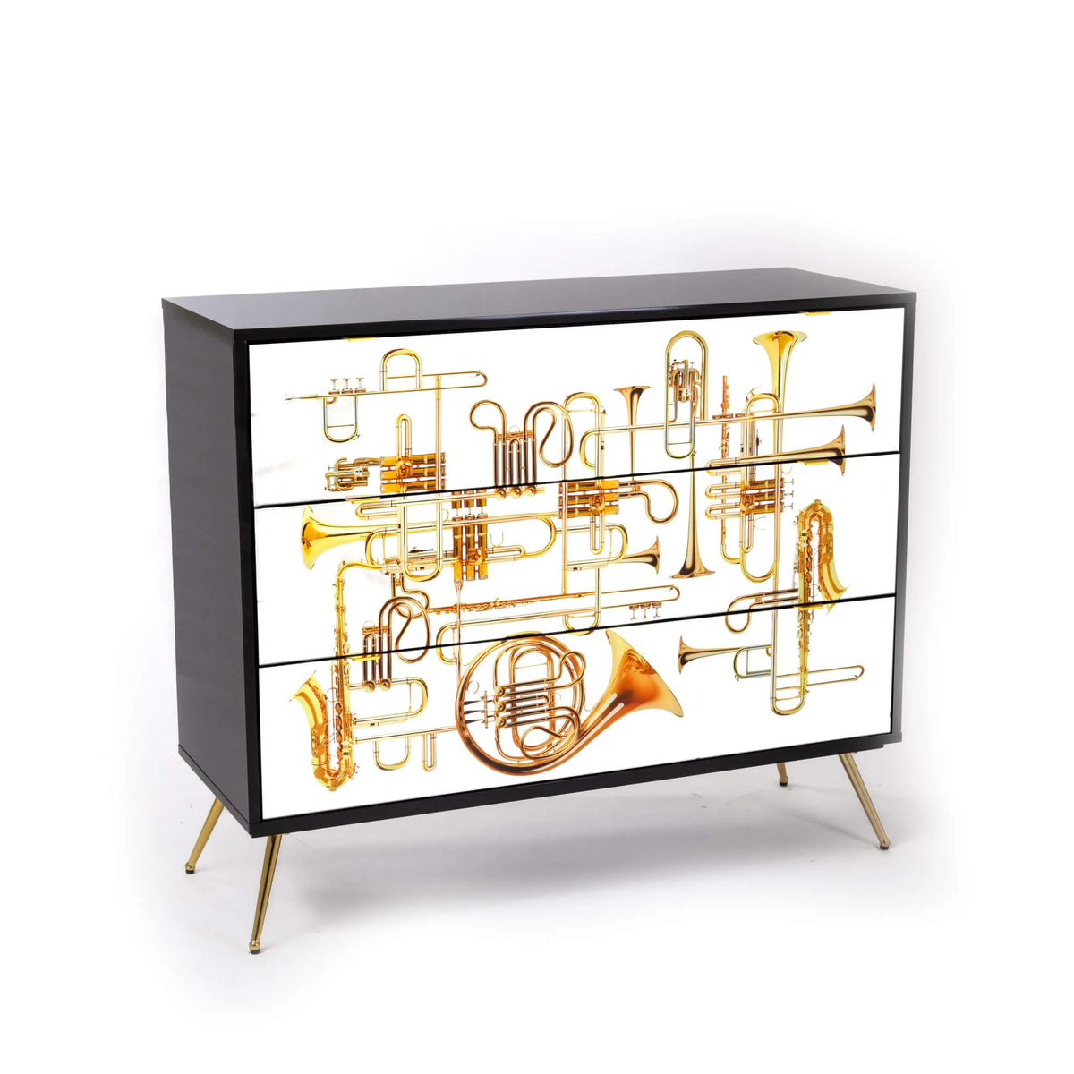 Seletti three-drawer chest with golden trumpets design for modern homes