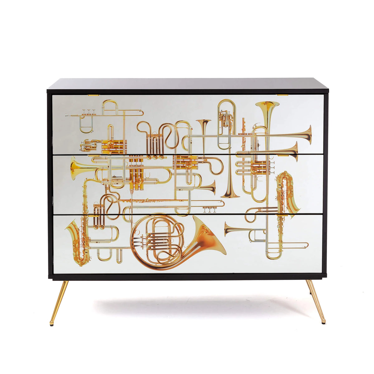 Artistic three-drawer chest with surreal trumpet imagery by Seletti
