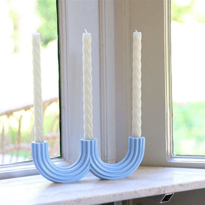 sculptural light blue churros candle holder with curved ridged ceramic design