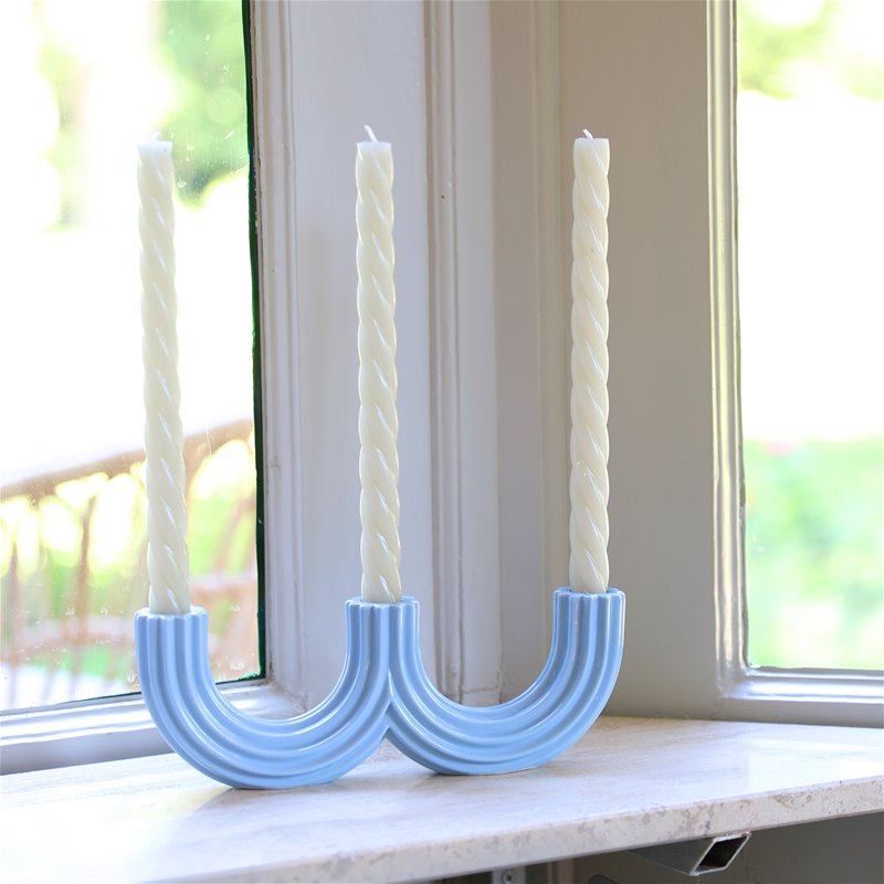 sculptural light blue churros candle holder with curved ridged ceramic design