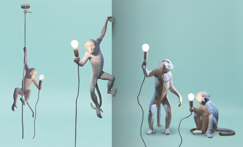 Seletti Monkey Lamp Collection - Black Monkey Lamp, White Monkey Lamp, Standing, Sitting, Hanging, Ceiling, and Swing