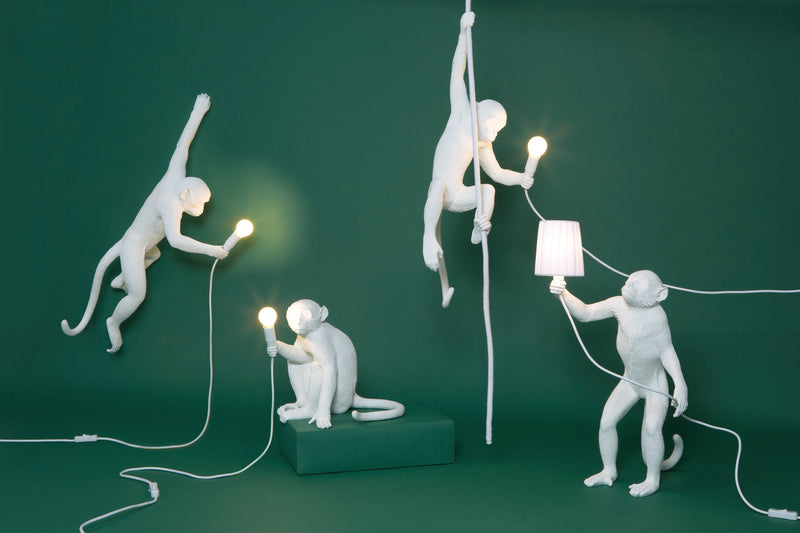 Seletti Monkey Lamp Collection - Black Monkey Lamp, White Monkey Lamp, Standing, Sitting, Hanging, Ceiling, and Swing