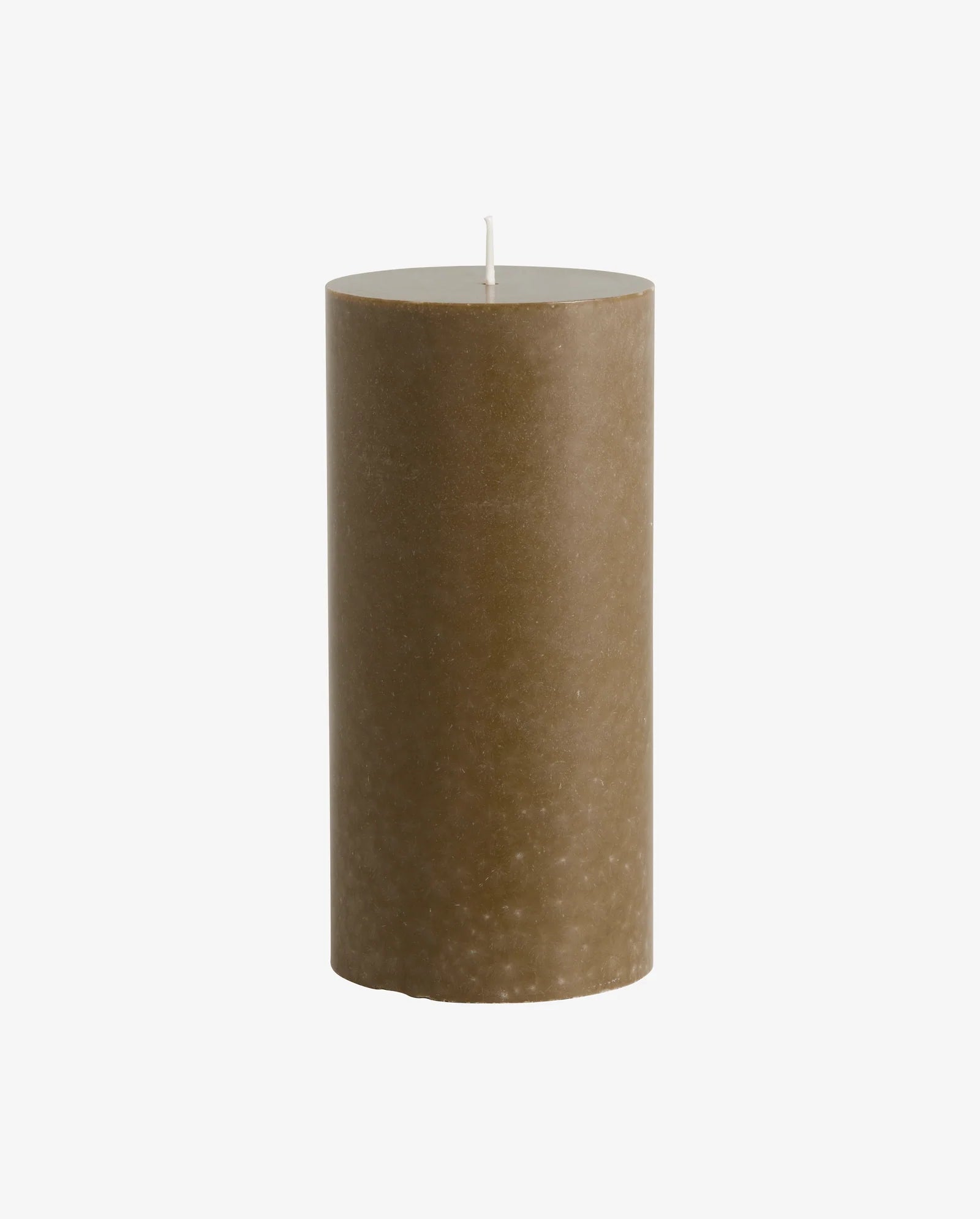 row of lit Nordal pillar candles on a white mantelpiece shelf, two tall cream candles, a shorter cream candle, two dark olive green candles of varying heights, another tall cream candle and a small dark candle, with framed artwork on the wall behind