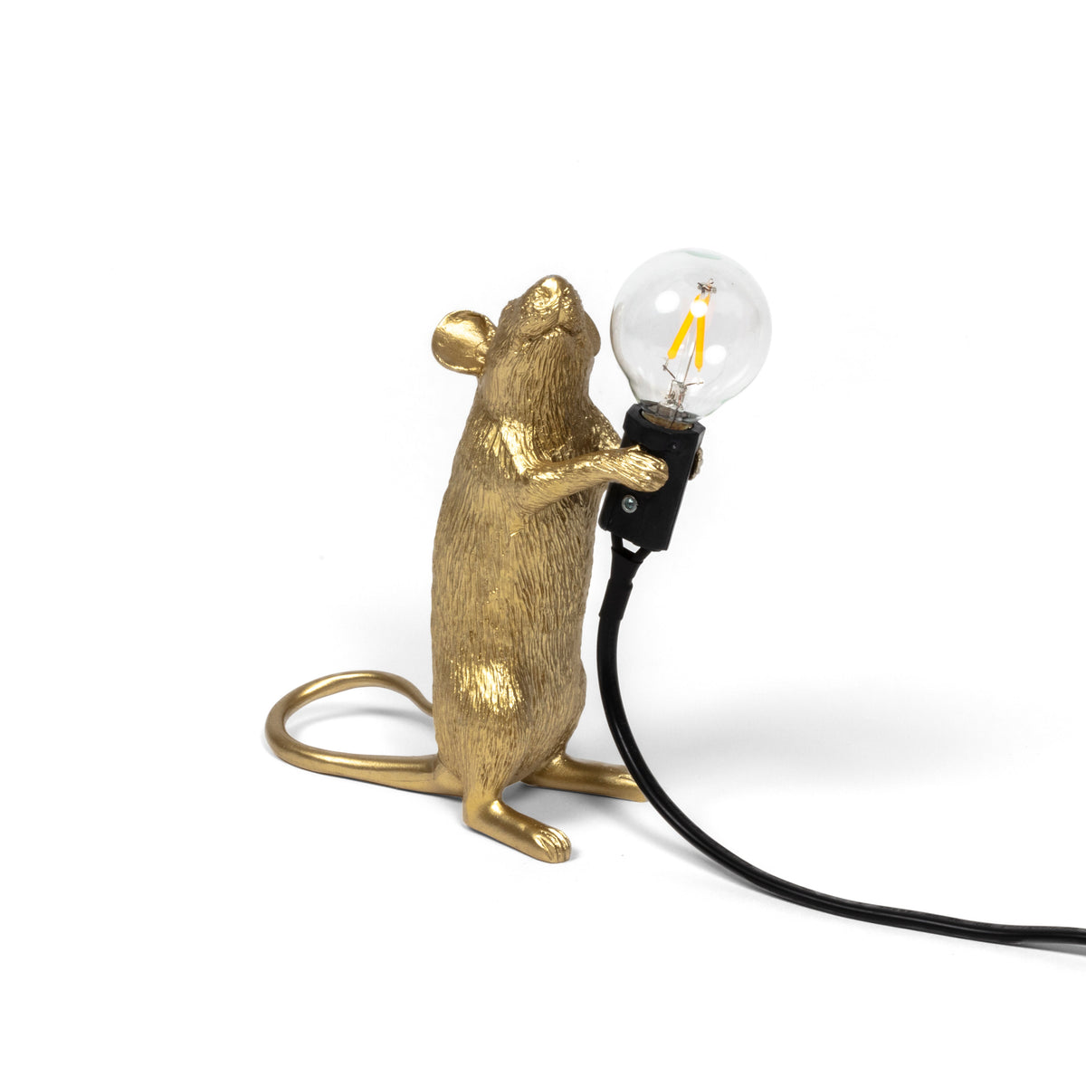 Seletti Gold Mouse Lamp, standing mouse holding a light bulb, front view