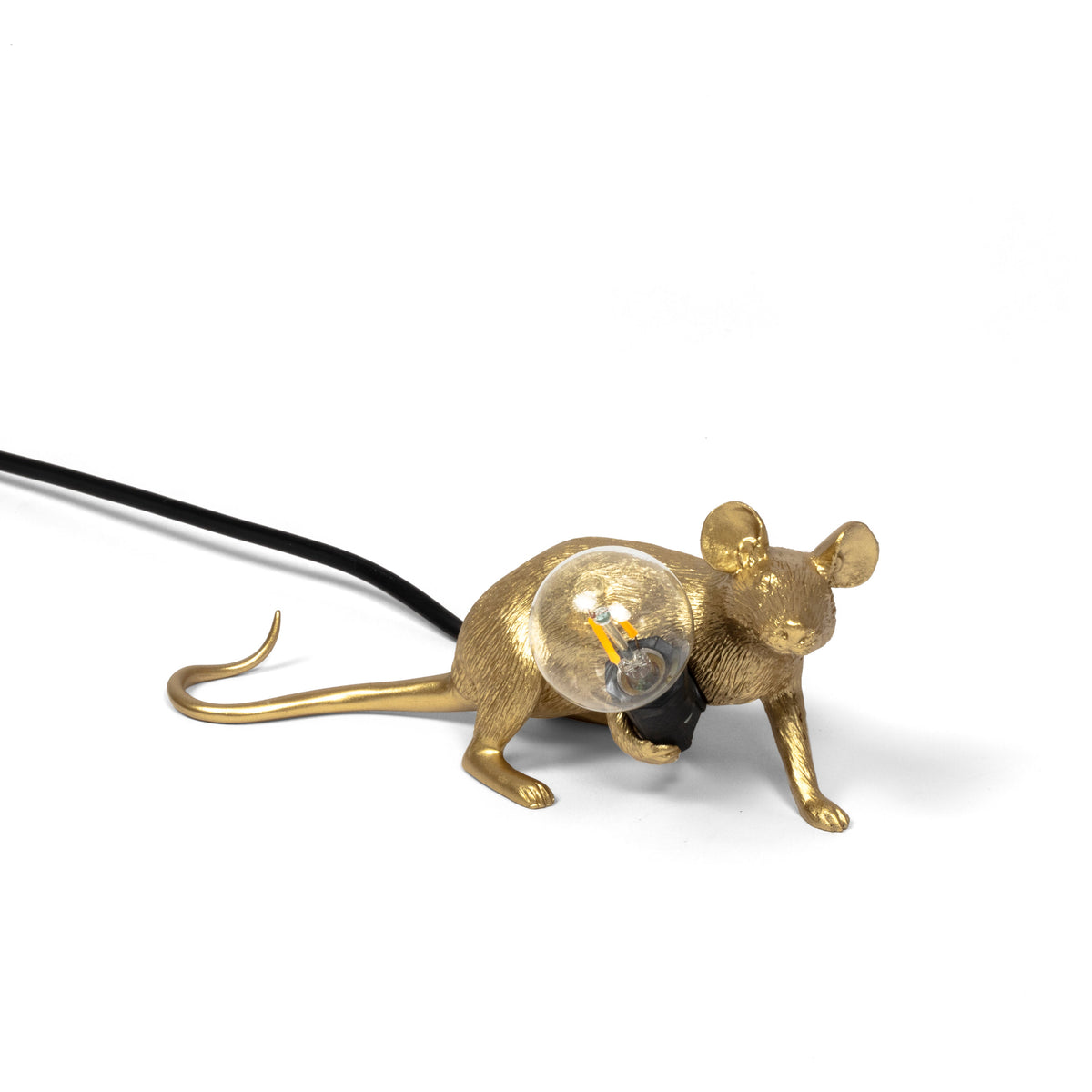 Seletti Gold Mouse Lamp, lying down mouse with a light bulb