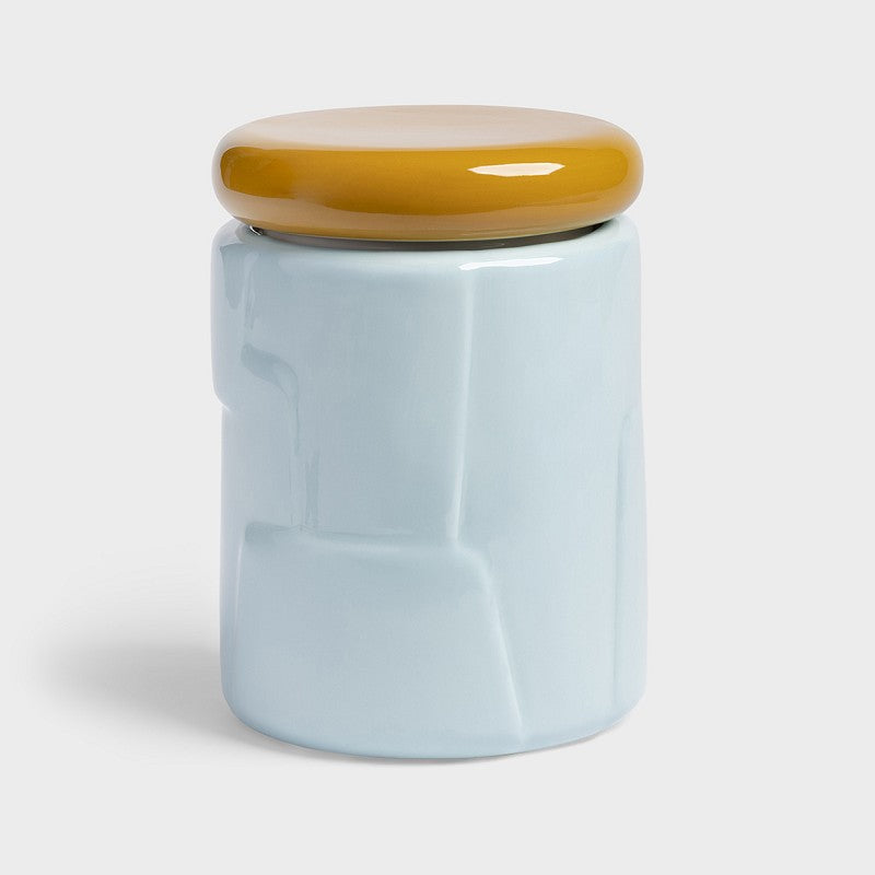blue dolomite storage jar with contrasting mustard airtight lid by &k Amsterdam
