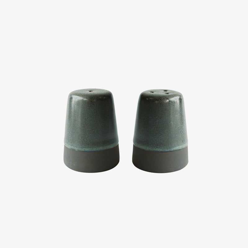 Handmade stoneware salt and pepper set in deep Northern Green glaze