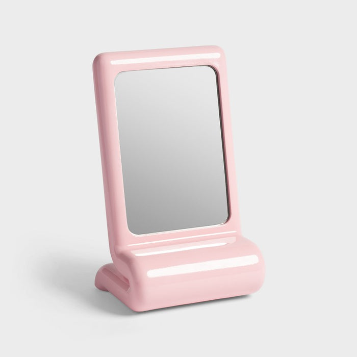 pink polyresin vanity mirror with chunky retro shape by &klevering
