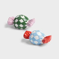 multicolour ceramic candy salt and pepper shakers with bold check pattern by &k
